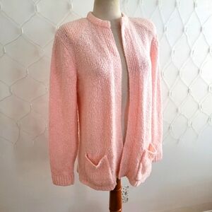 Vintage Cozy Pink Women's Sweater • Open Cardigan • Boucle Knit / Size Large